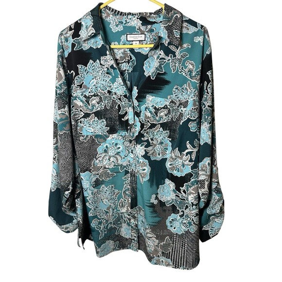 Charter Club Blouse Plus Size 2X Blue Floral Button Roll Tab Sleeve Abstract - Picture 1 of 15